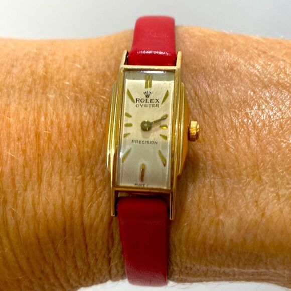 Rolex Vintage Swiss Oyster Perpetual Yellow Gold Red Leather Strap Women's Watch - Picture 1 of 17